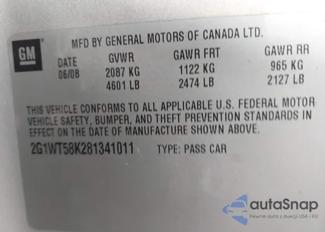 2008 Chevrolet Impala Lt from USA, damaged, VIN 2G1WT58K281341011